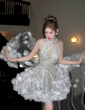 Gorgeous A Line V Neck Silver Beaded Flower Tulle Short Homecoming Dress Cocktail Dress HZ1023